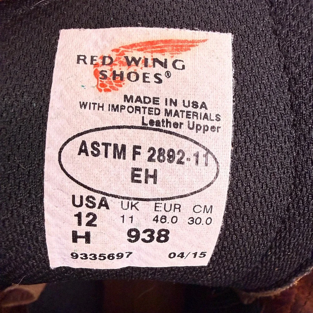 Red Wing 938 Work Boots Mens 12 H (4E) DynaForce Brown Leather Soft Toe USA Made
